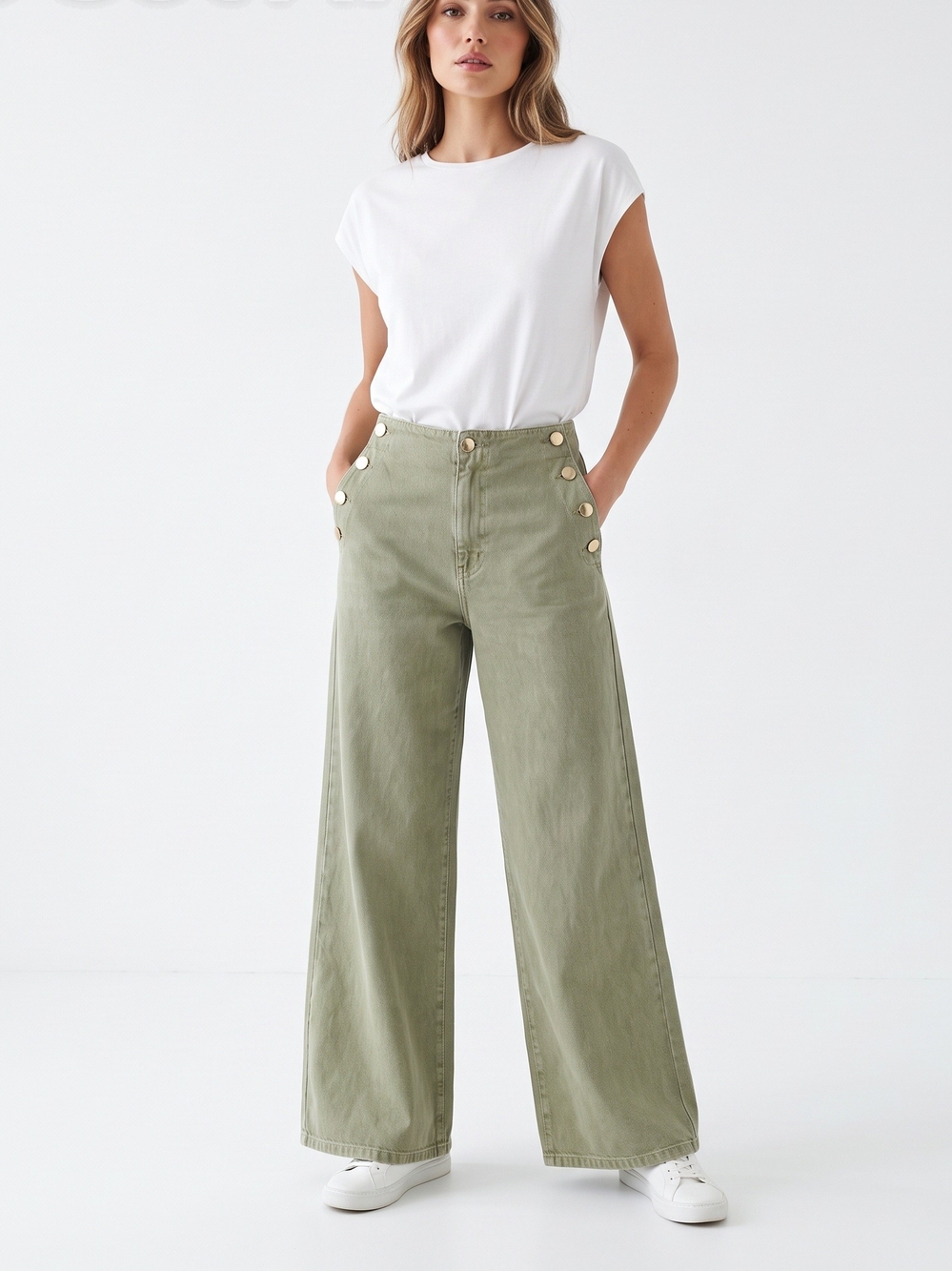Zara Olive Green Wide Straight-Leg Pants with Side Buttons